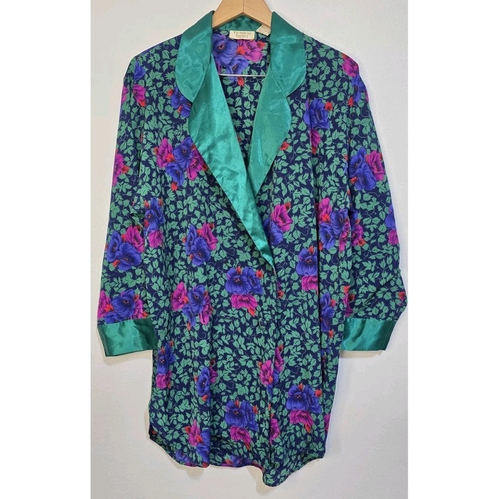 Vintage Victoria Secret Gold Label Satin Floral Button Nightgown Jacket Robe Lrg